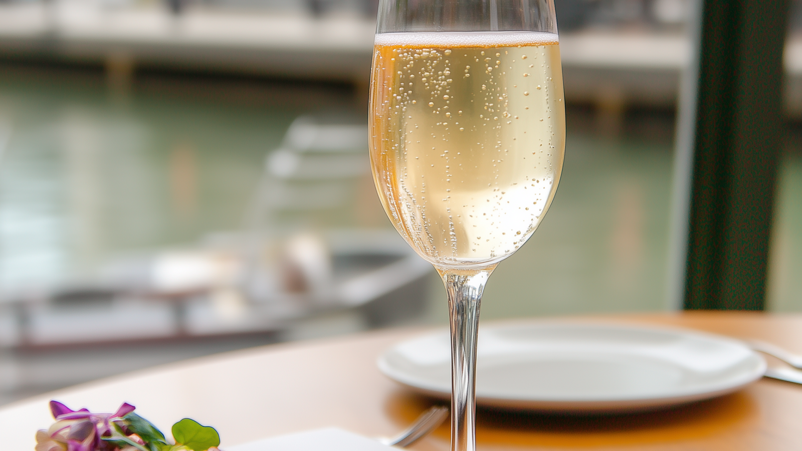 Verre de champagne servi avec des amuse-bouches lors d'un dîner croisière sur la Seine à Paris, offrant une vue pittoresque | Le Capitaine Fracasse