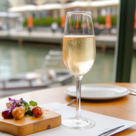 Verre de champagne servi avec des amuse-bouches lors d'un dîner croisière sur la Seine à Paris, offrant une vue pittoresque | Le Capitaine Fracasse