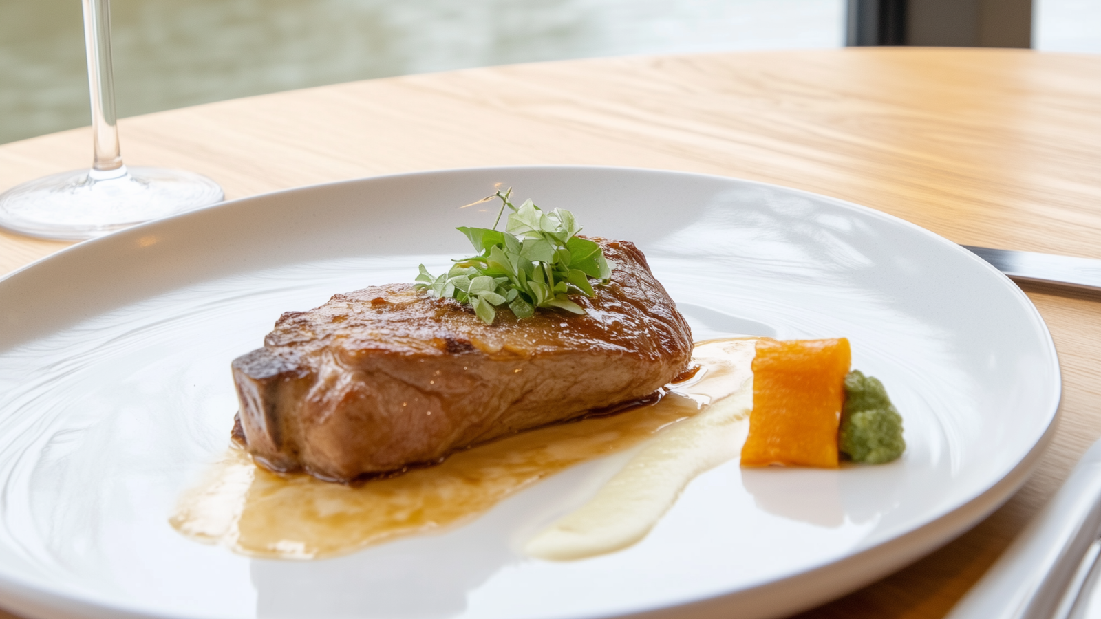 Plat principal raffiné avec pavé de boeuf et légumes servi lors d'un dîner croisière sur la Seine à Paris, offrant une expérience culinaire exceptionnelle | Le Capitaine Fracasse