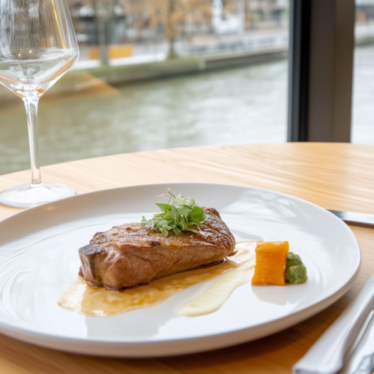 Plat principal raffiné avec pavé de boeuf et légumes servi lors d'un dîner croisière sur la Seine à Paris, offrant une expérience culinaire exceptionnelle | Le Capitaine Fracasse