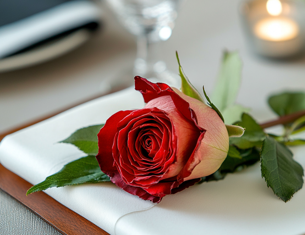 Rose rouge élégamment posée sur une table dressée pour un dîner croisière romantique sur la Seine à Paris | Le Capitaine Fracasse