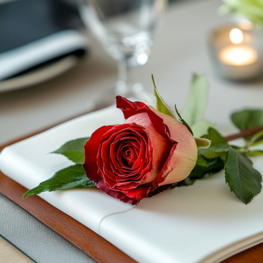 Rose rouge élégamment posée sur une table dressée pour un dîner croisière romantique sur la Seine à Paris | Le Capitaine Fracasse